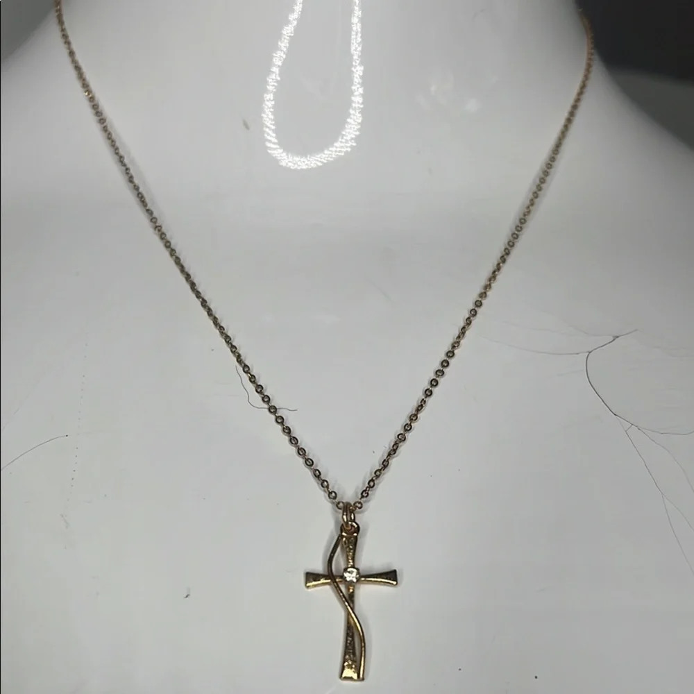 14K gf Vintage Cross with Small Diamond 9” drop Chain Necklace